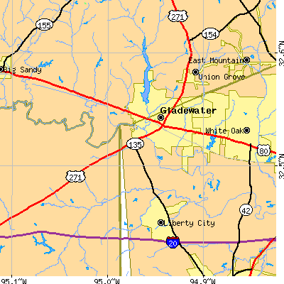 Zip code 75647 close-up map