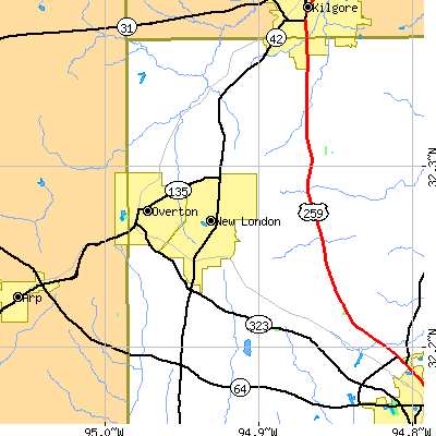 Zip code 75684 close-up map