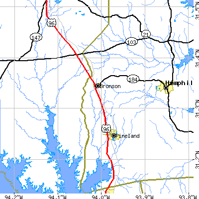 Zip code 75930 close-up map