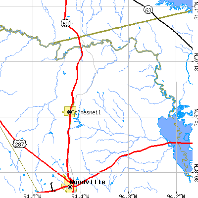 Zip code 75938 close-up map