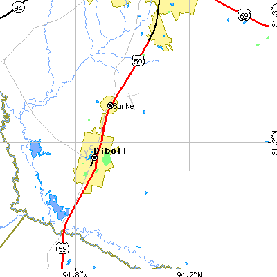 Zip code 75941 close-up map