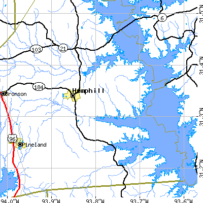 Zip code 75948 close-up map