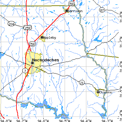 Zip code 75961 close-up map