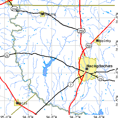 Zip code 75964 close-up map