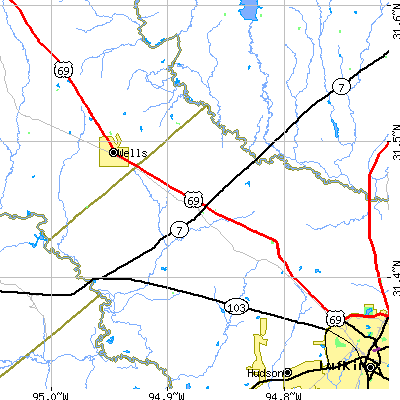 Zip code 75969 close-up map