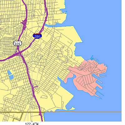 Zip code 94124 close-up map