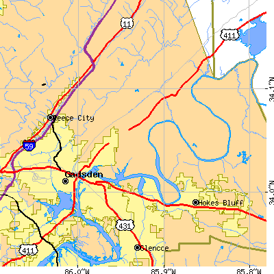 Zip code 35901 close-up map
