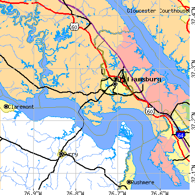 Zip code 23185 close-up map