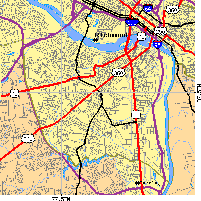 Zip code 23224 close-up map