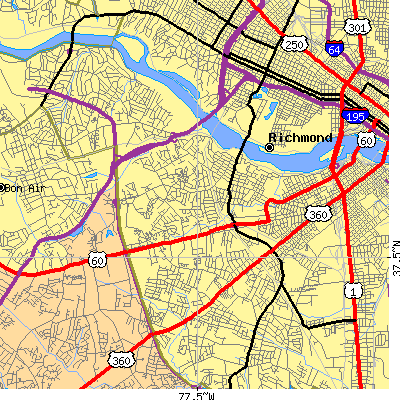 Zip code 23225 close-up map