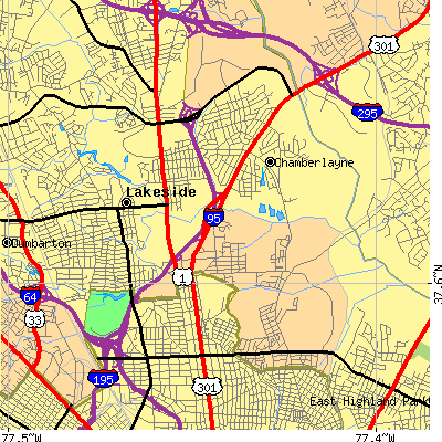 Zip code 23227 close-up map