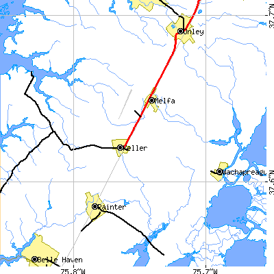 Zip code 23410 close-up map