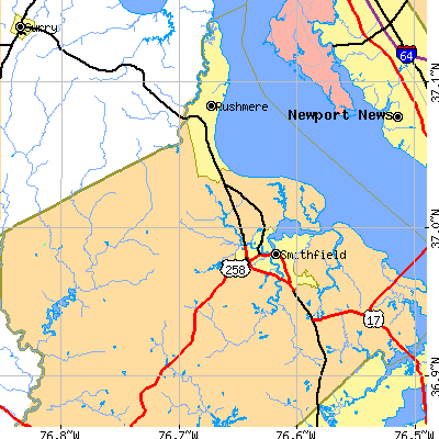 Zip code 23430 close-up map