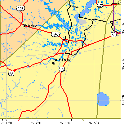 Zip code 23434 close-up map