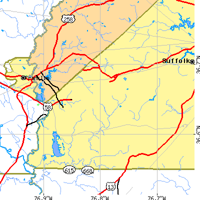 Zip code 23437 close-up map