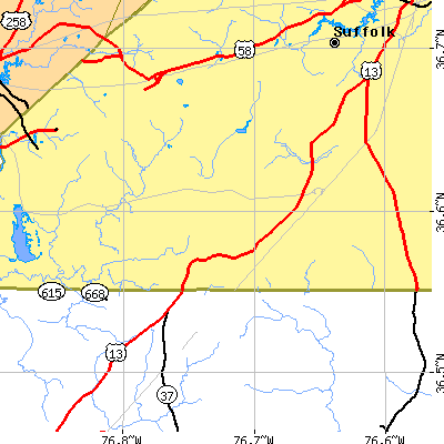 Zip code 23438 close-up map