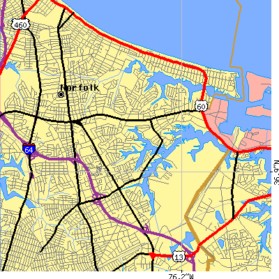 Zip code 23518 close-up map