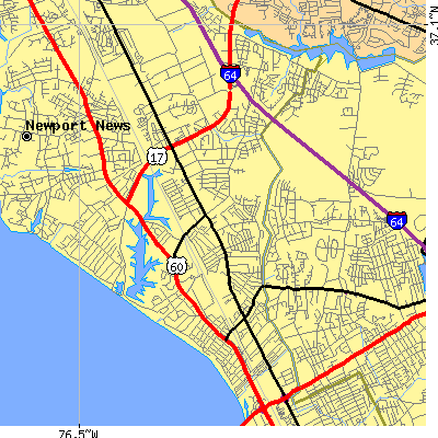 Zip code 23601 close-up map