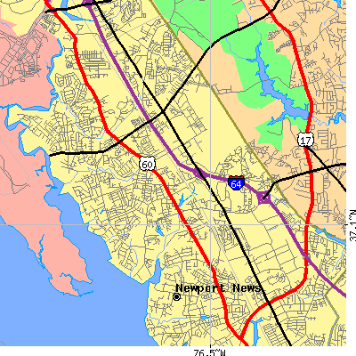 Zip code 23602 close-up map