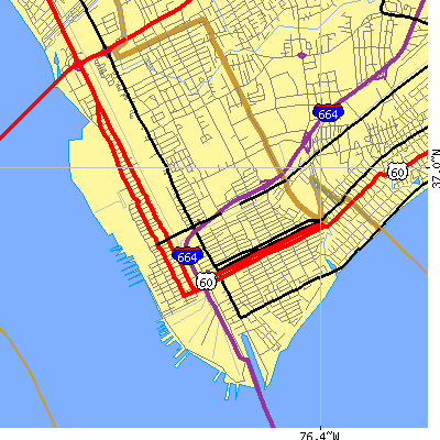 Zip code 23607 close-up map