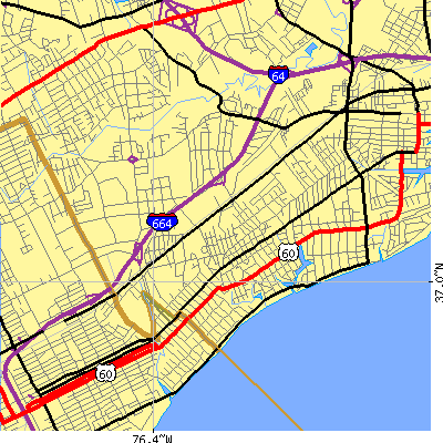 Zip code 23661 close-up map