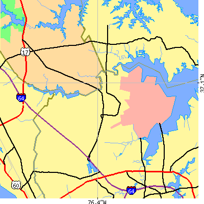 Zip code 23665 close-up map