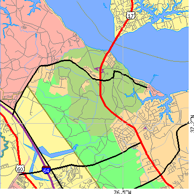 Zip code 23690 close-up map