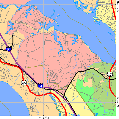 Zip code 23691 close-up map