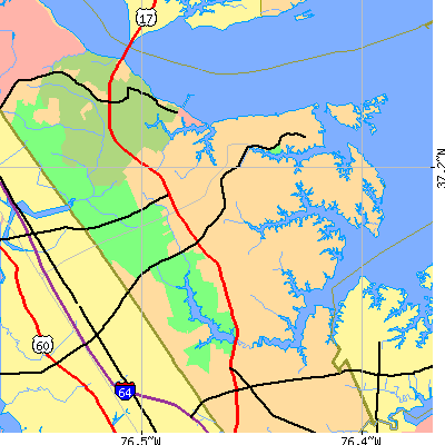 Zip code 23692 close-up map