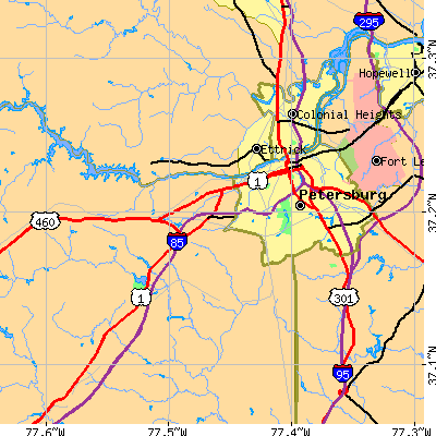 Zip code 23803 close-up map