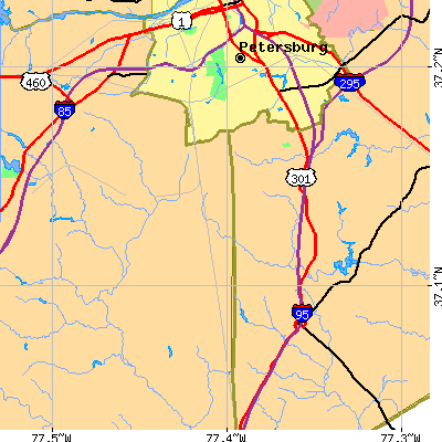 Zip code 23805 close-up map