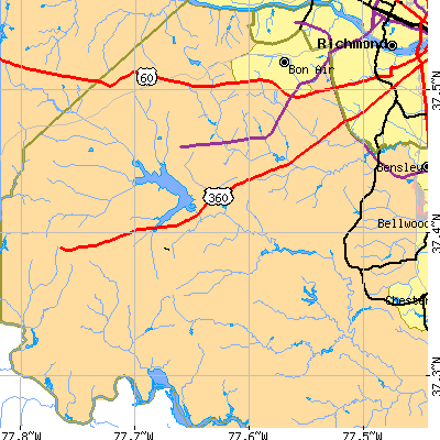 Zip code 23832 close-up map