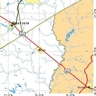 Zip code 23866 close-up map