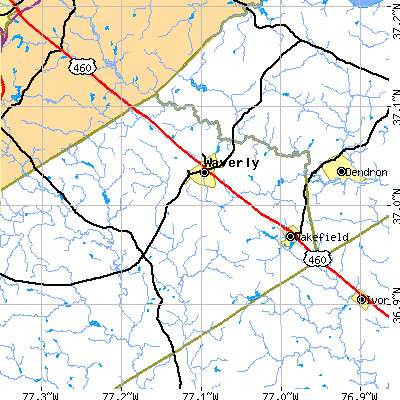 Zip code 23890 close-up map