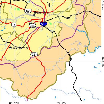 Zip code 24014 close-up map