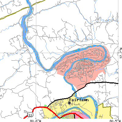 Zip code 24058 close-up map
