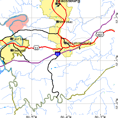 Zip code 24073 close-up map