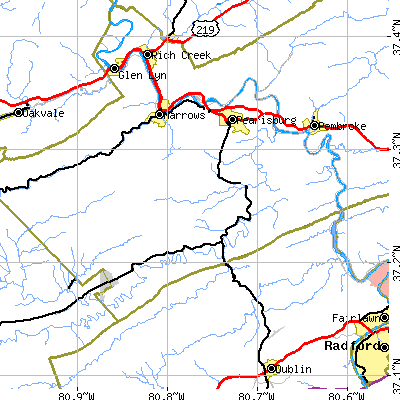 Zip code 24134 close-up map