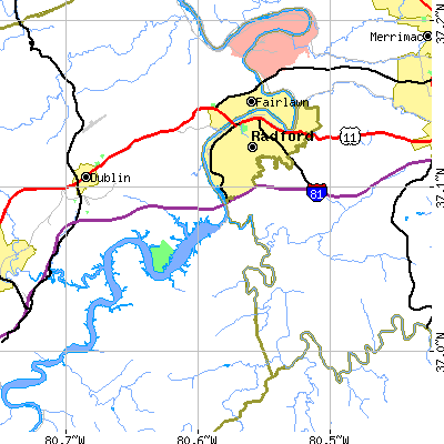 Zip code 24141 close-up map
