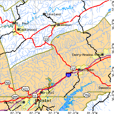 Zip code 24210 close-up map