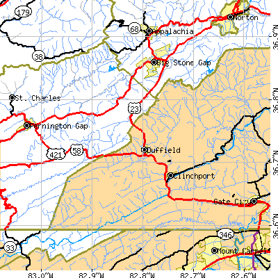 Zip code 24244 close-up map