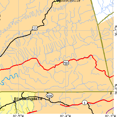 Zip code 24258 close-up map
