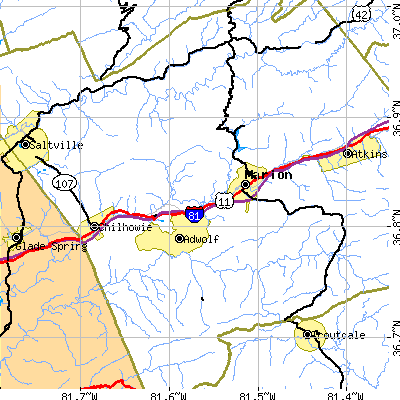 Zip code 24354 close-up map