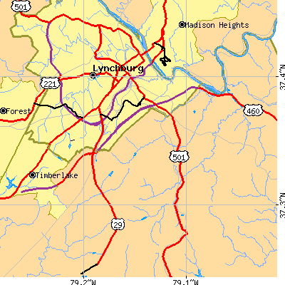 Zip code 24501 close-up map
