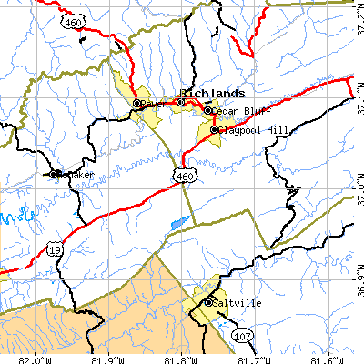 Zip code 24609 close-up map