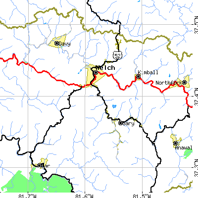 Zip code 24801 close-up map