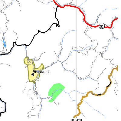 Zip code 24808 close-up map