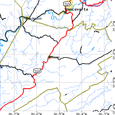 Zip code 24983 close-up map