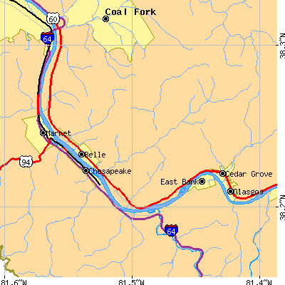 Zip code 25015 close-up map