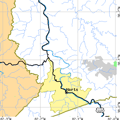Zip code 25557 close-up map